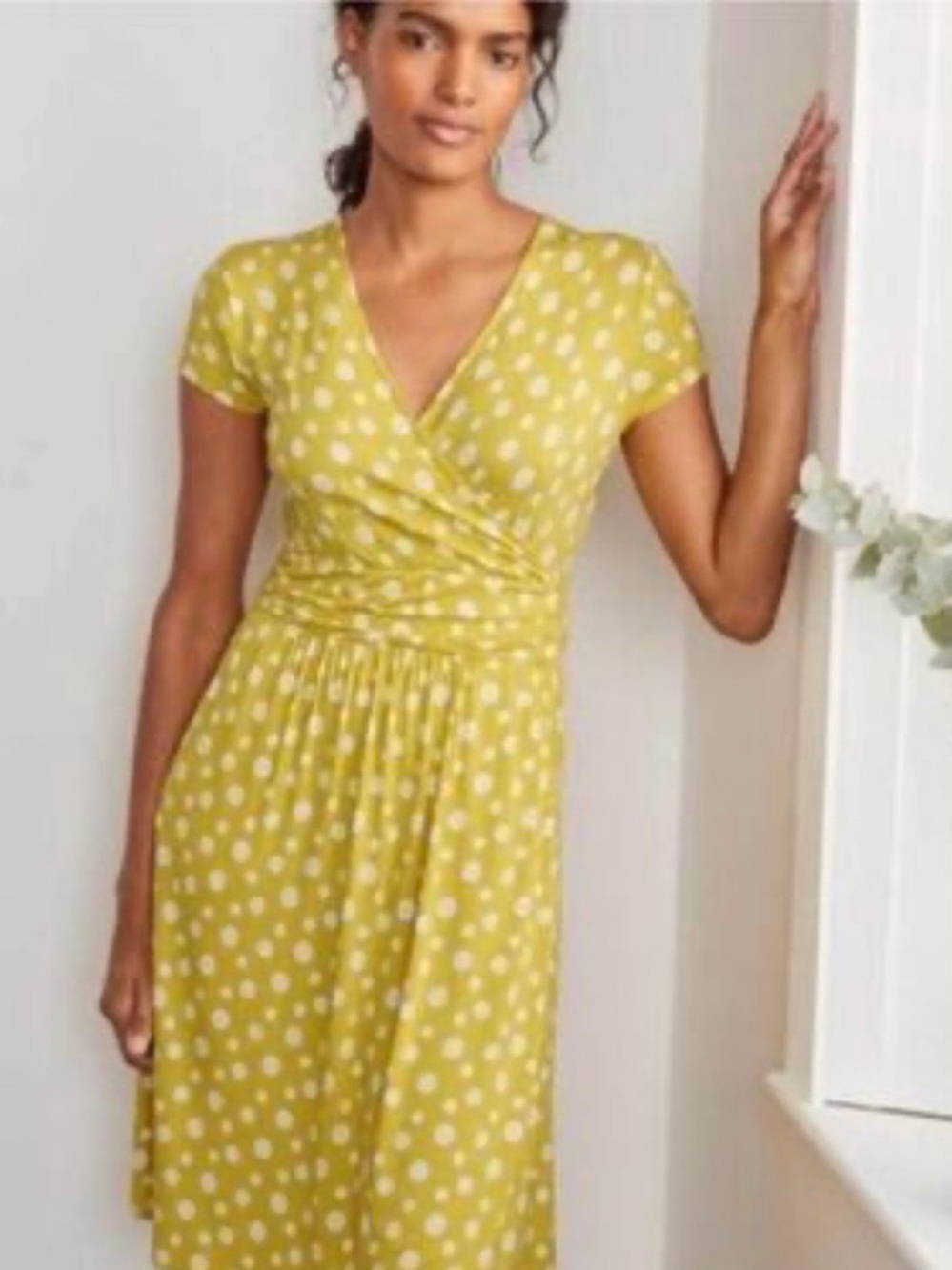 Boden Yellow Polka Dot Wrap Midi Dress